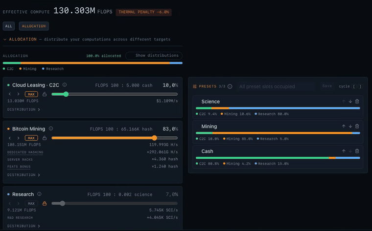 The allocation sliders being dragged, FLOPS moving between mining and cash